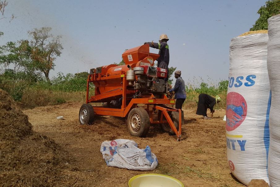 multi-crop thresher being used in a soya farm